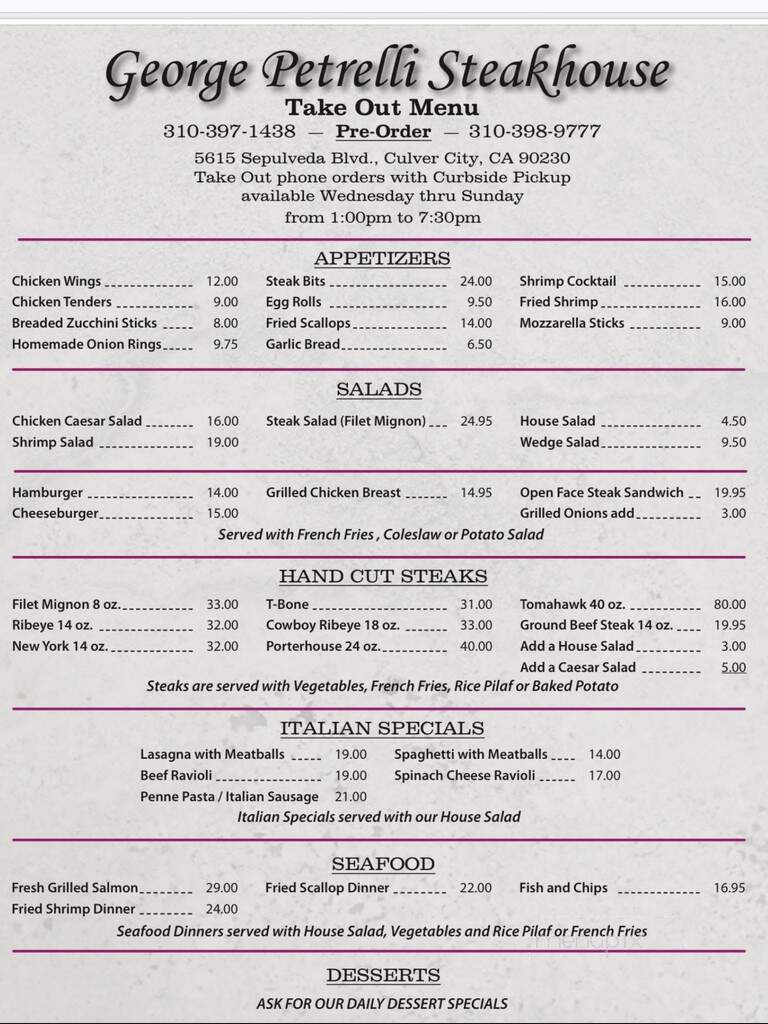 George Petrelli's Steak House - Culver City, CA menu_pic