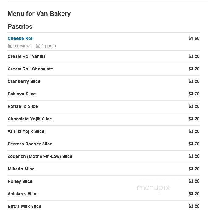 Van Bakery Restaurant - Glendale, CA menu_pic