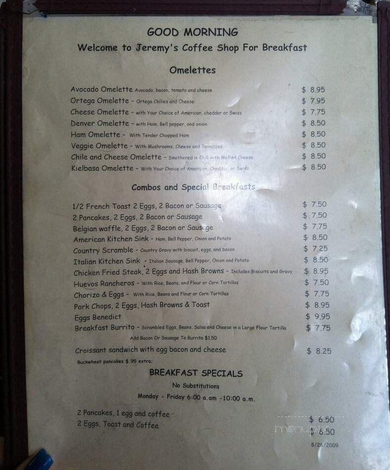 Jeremy's Restaurant - La Crescenta, CA menu_pic