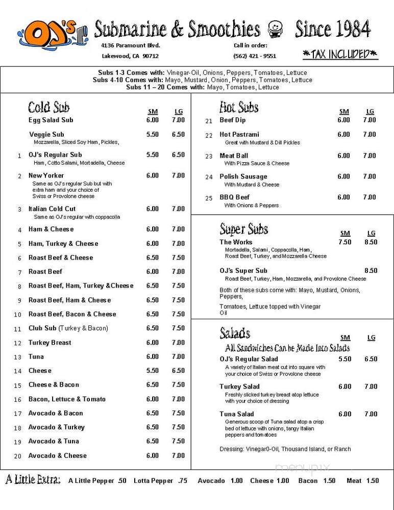 O J's Submarines - Lakewood, CA menu_pic