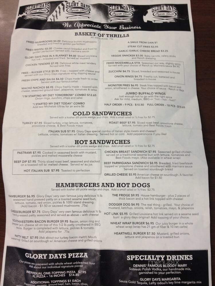 Glory Days Sports Grill - Lakewood, CA menu_pic