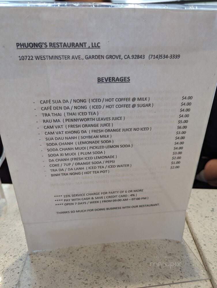 Phuong's Restaurant - Garden Grove, CA menu_pic