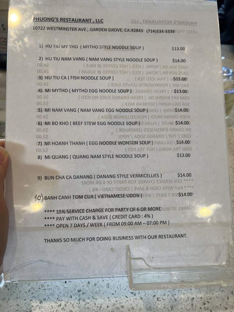 Phuong's Restaurant - Garden Grove, CA menu_pic