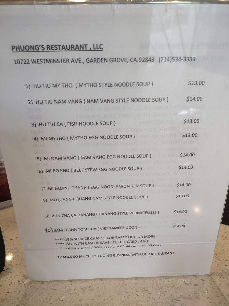 Phuong's Restaurant - Garden Grove, CA menu_pic