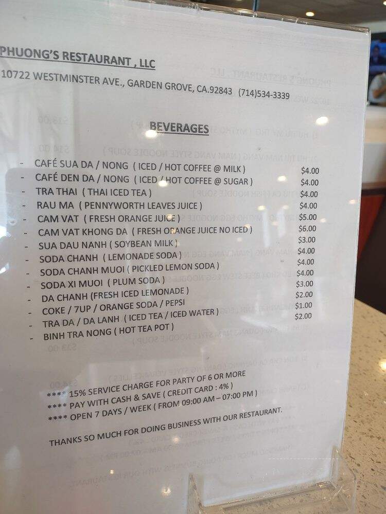 Phuong's Restaurant - Garden Grove, CA menu_pic