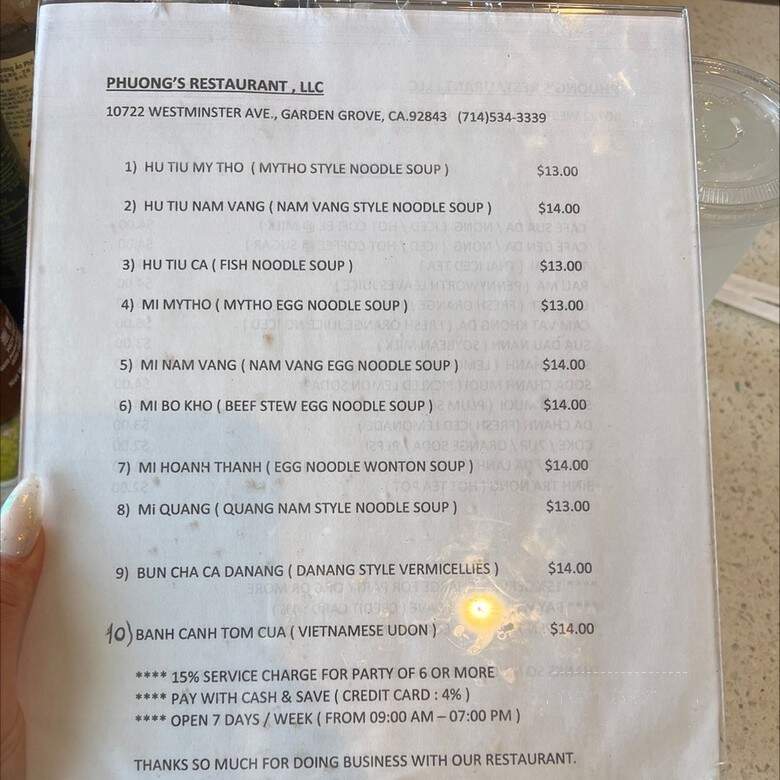 Phuong's Restaurant - Garden Grove, CA menu_pic