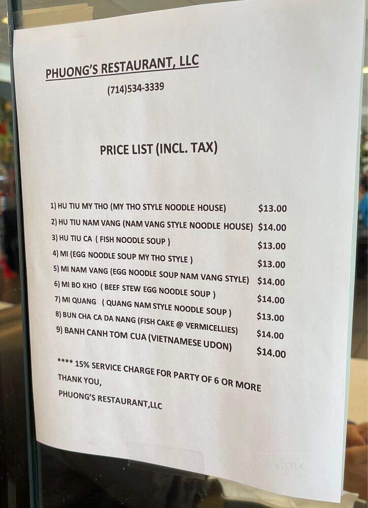 Phuong's Restaurant - Garden Grove, CA menu_pic