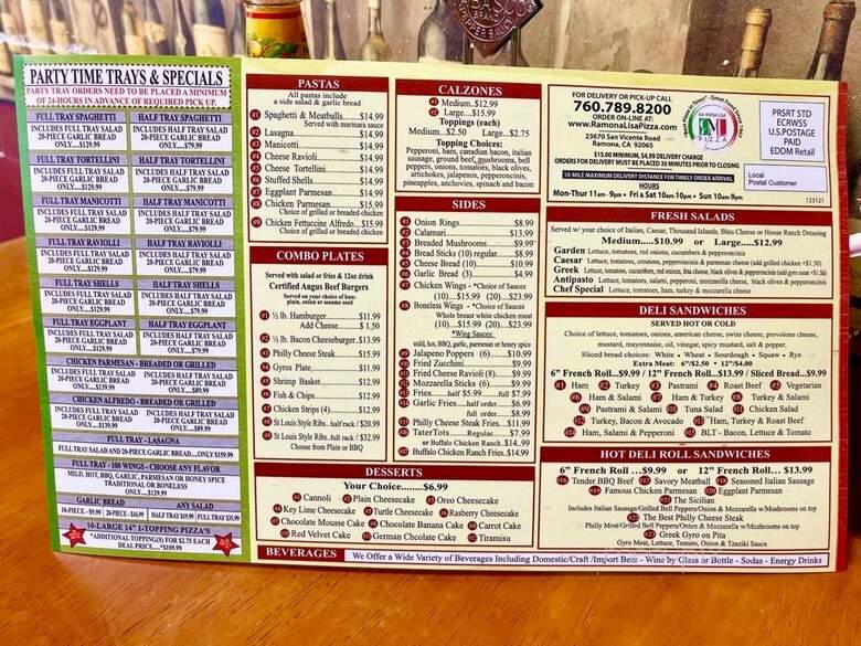 Ramona Lisa's Pizza & Subs - Ramona, CA menu_pic