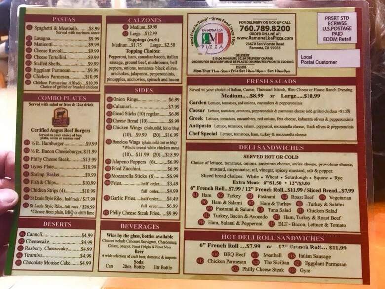 Ramona Lisa's Pizza & Subs - Ramona, CA menu_pic