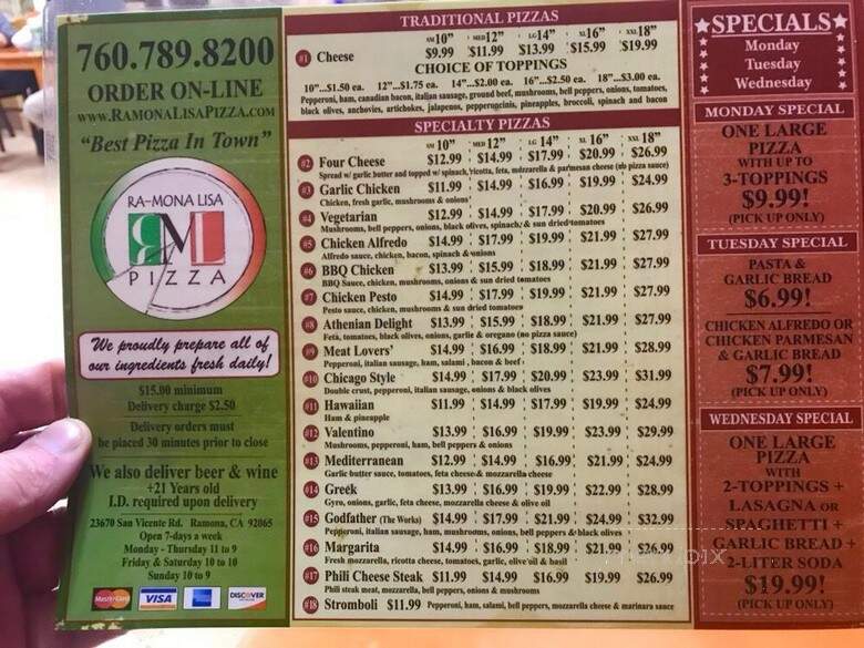 Ramona Lisa's Pizza & Subs - Ramona, CA menu_pic