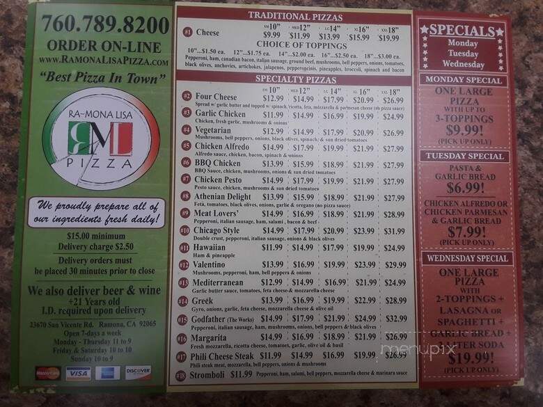 Ramona Lisa's Pizza & Subs - Ramona, CA menu_pic