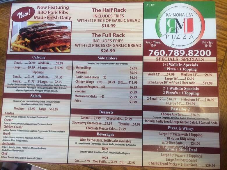 Ramona Lisa's Pizza & Subs - Ramona, CA menu_pic