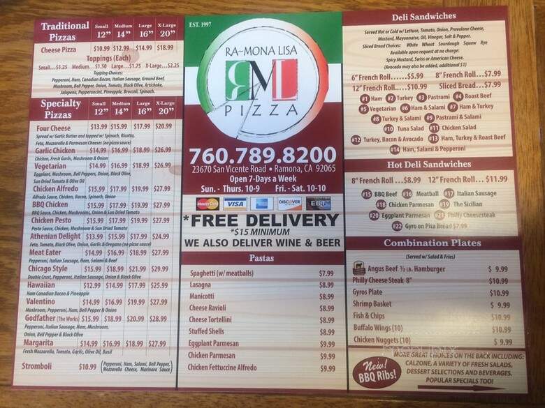 Ramona Lisa's Pizza & Subs - Ramona, CA menu_pic