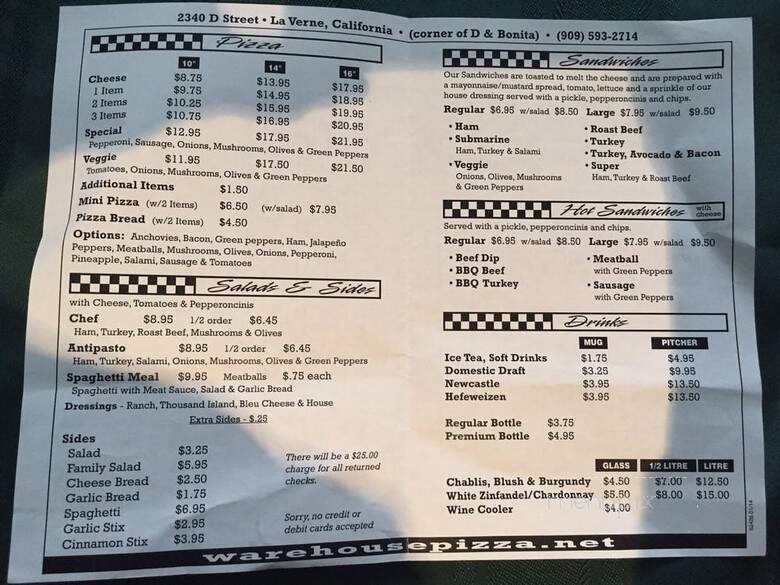 Warehouse Pizza - La Verne, CA menu_pic