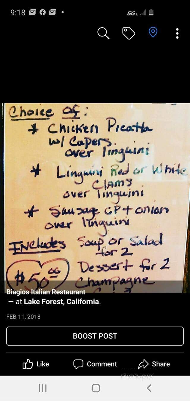 Biagio's Italian Restaurant - Lake Forest, CA menu_pic
