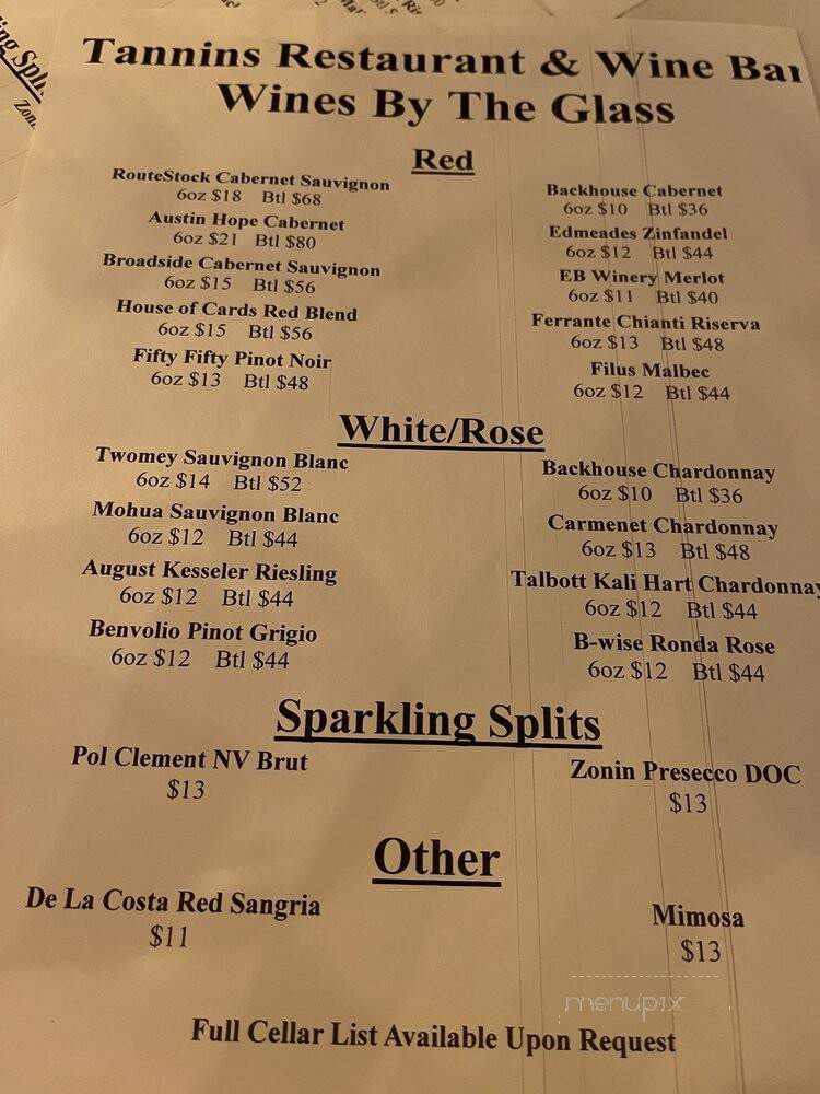 Tannins Restaurant & Wine Bar - San Juan Capistrano, CA menu_pic