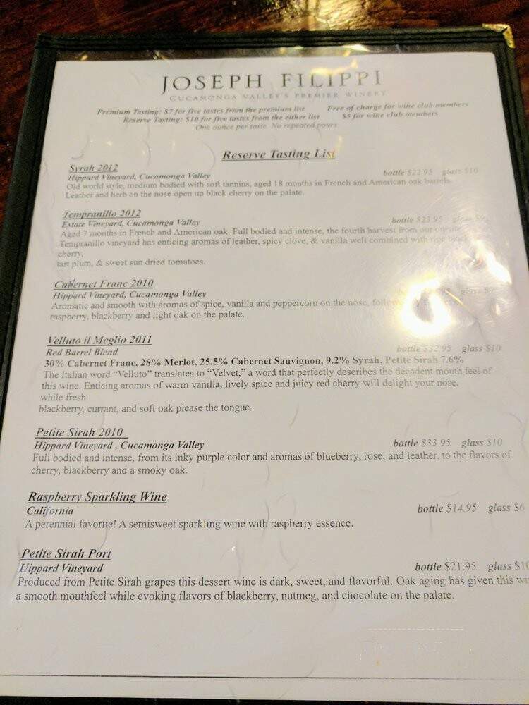 J Filippi Winery Tasting Room - Rancho Cucamonga, CA menu_pic
