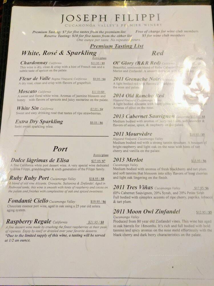 J Filippi Winery Tasting Room - Rancho Cucamonga, CA menu_pic