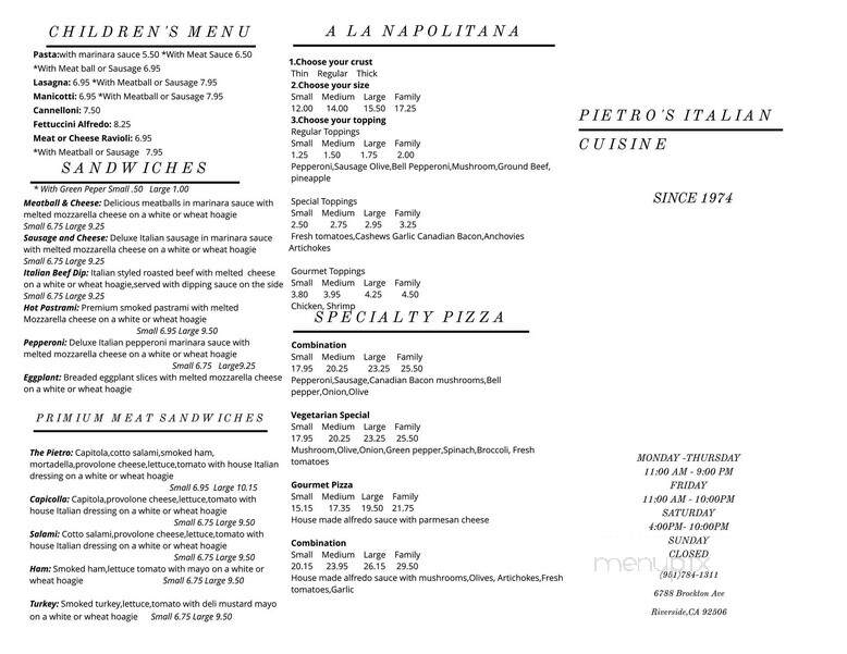 Pietro's Italian Cuisine - Riverside, CA menu_pic