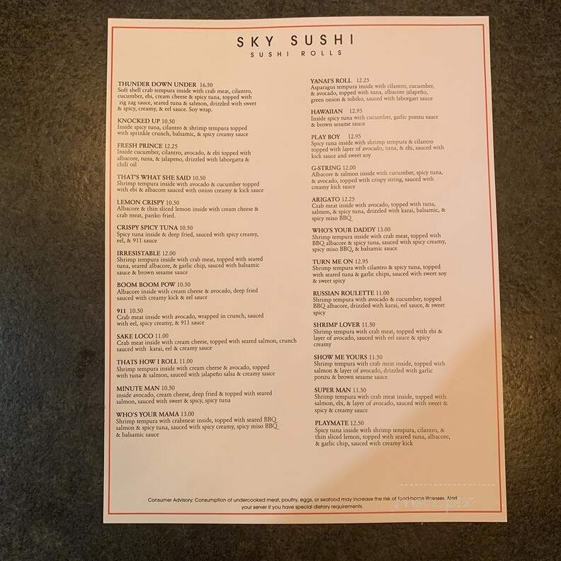 Sky clearance sushi menu