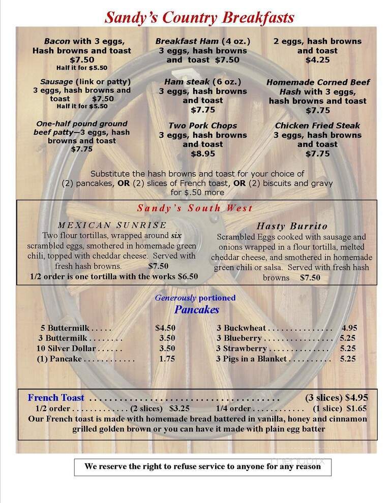 Sandy's Restaurant - Colorado Springs, CO menu_pic