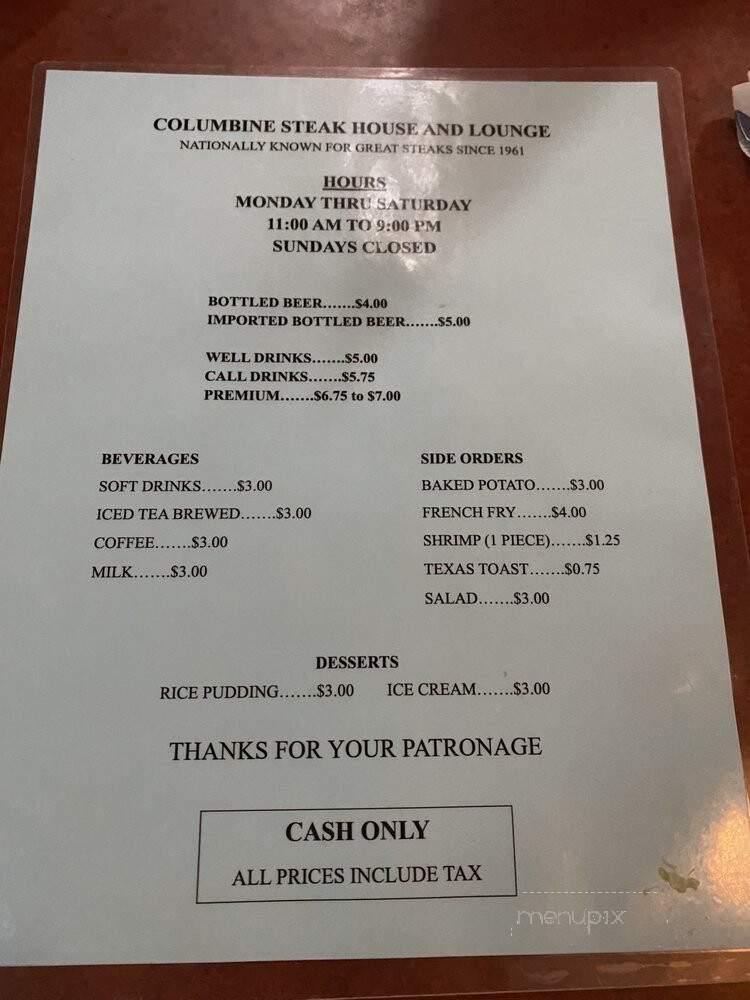 Columbine Steak House & Lounge - Denver, CO menu_pic