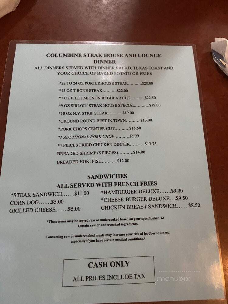 Columbine Steak House & Lounge - Denver, CO menu_pic