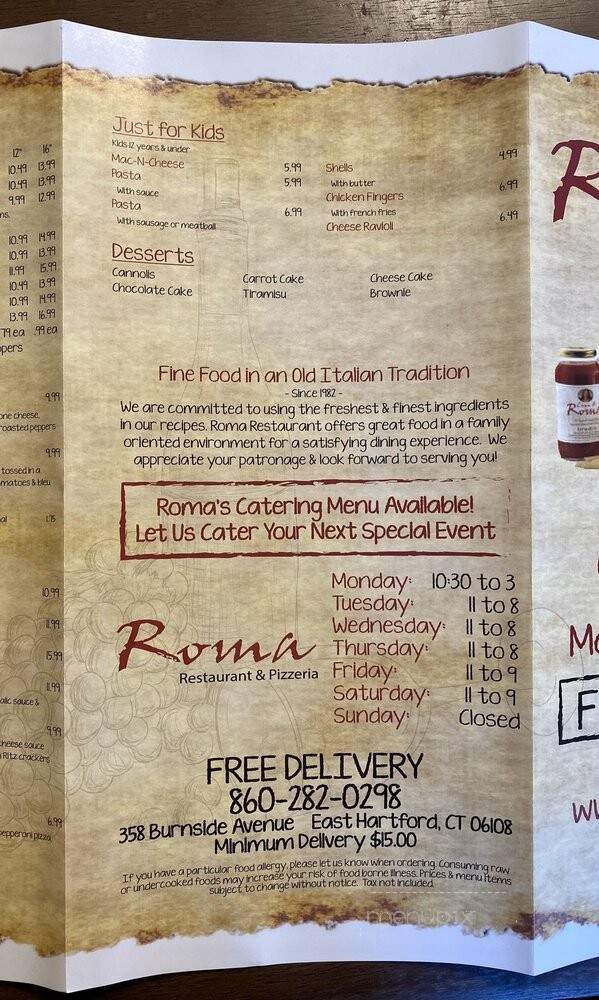 Roma Restaurant & Pizzeria - East Hartford, CT menu_pic