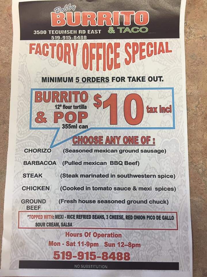 Bobby Burrito - Windsor, ON menu_pic