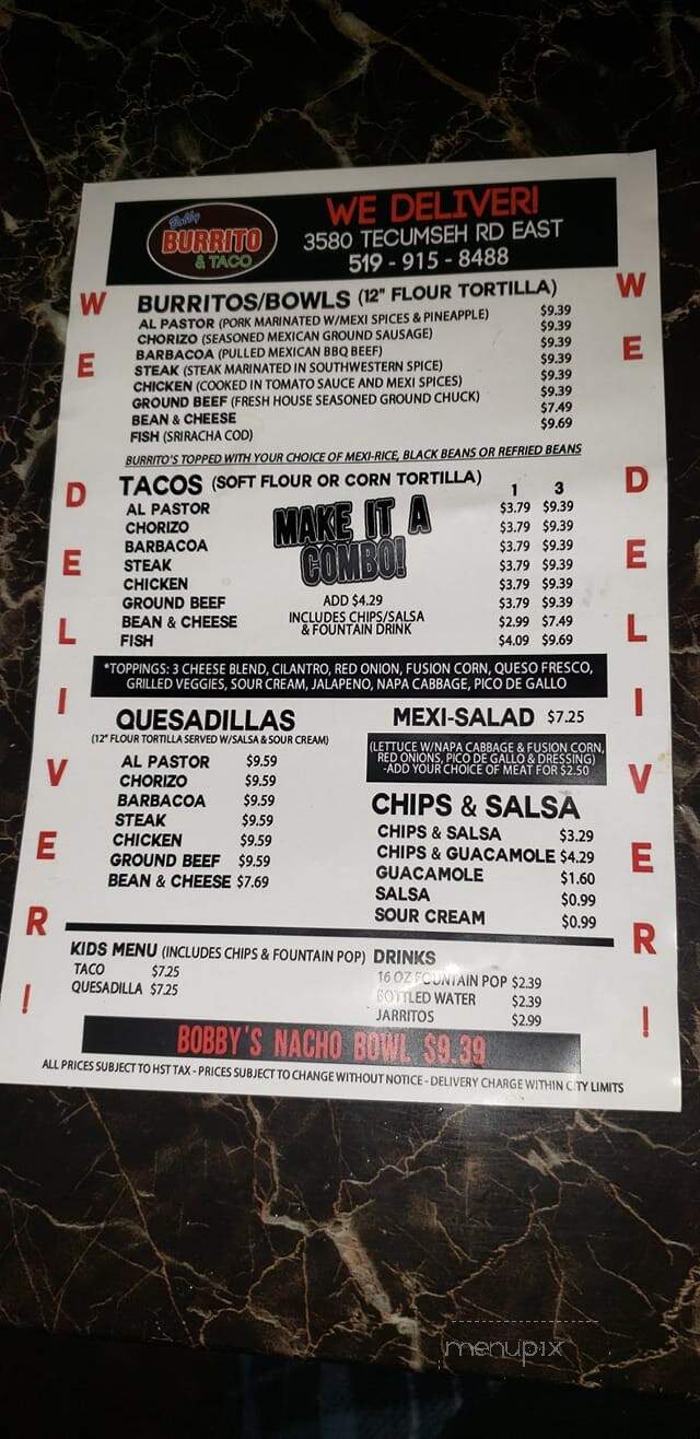 Bobby Burrito - Windsor, ON menu_pic