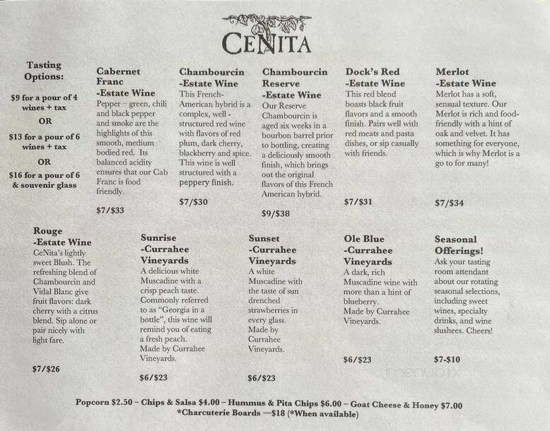 Cenita Vineyards and winery - Cleveland, GA menu_pic