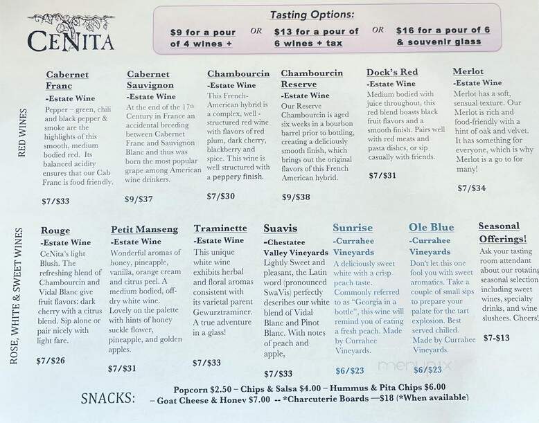 Cenita Vineyards and winery - Cleveland, GA menu_pic