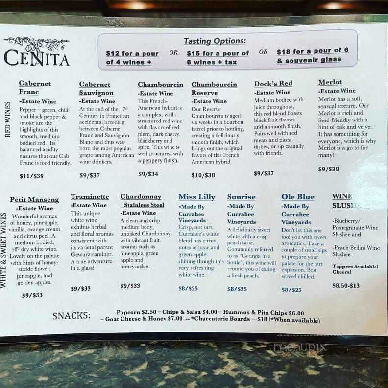 Cenita Vineyards and winery - Cleveland, GA menu_pic