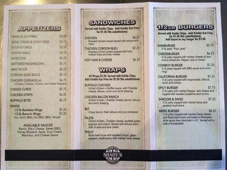 Shady's Bar & Grill - Rice, MN menu_pic