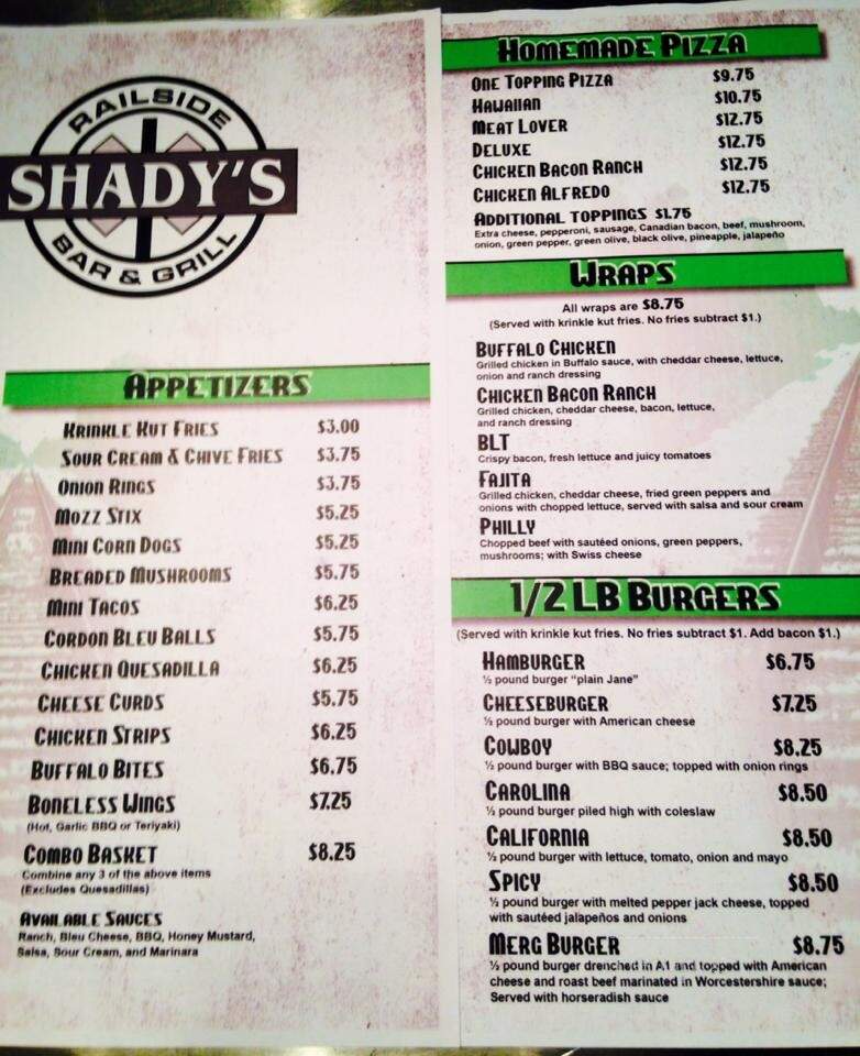 Shady's Bar & Grill - Rice, MN menu_pic