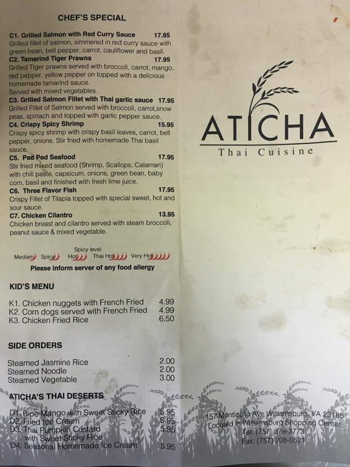 Aticha Thai Cuisine - Williamsburg, VA menu_pic