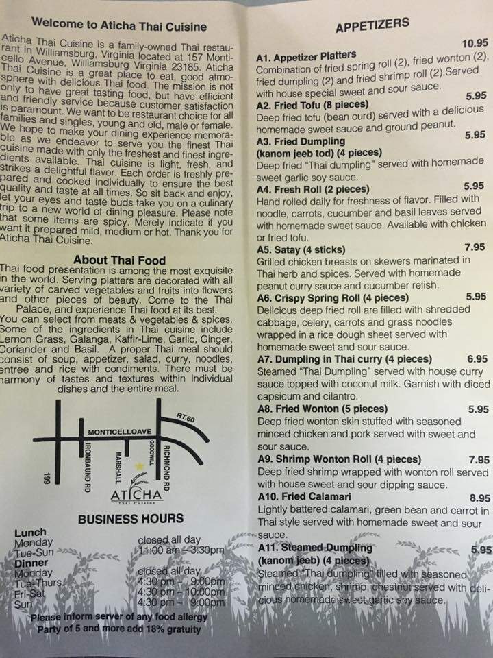 Aticha Thai Cuisine - Williamsburg, VA menu_pic