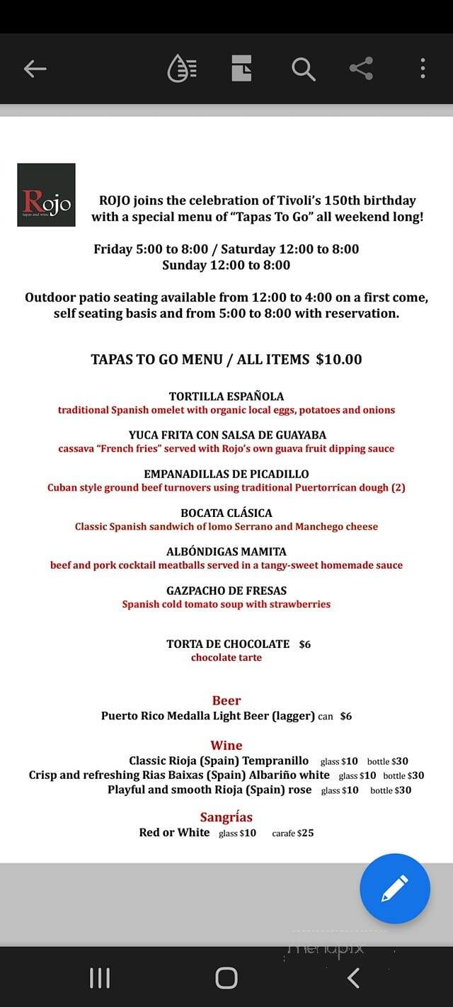 Rojo Tapas and Wine - Tivoli, NY menu_pic