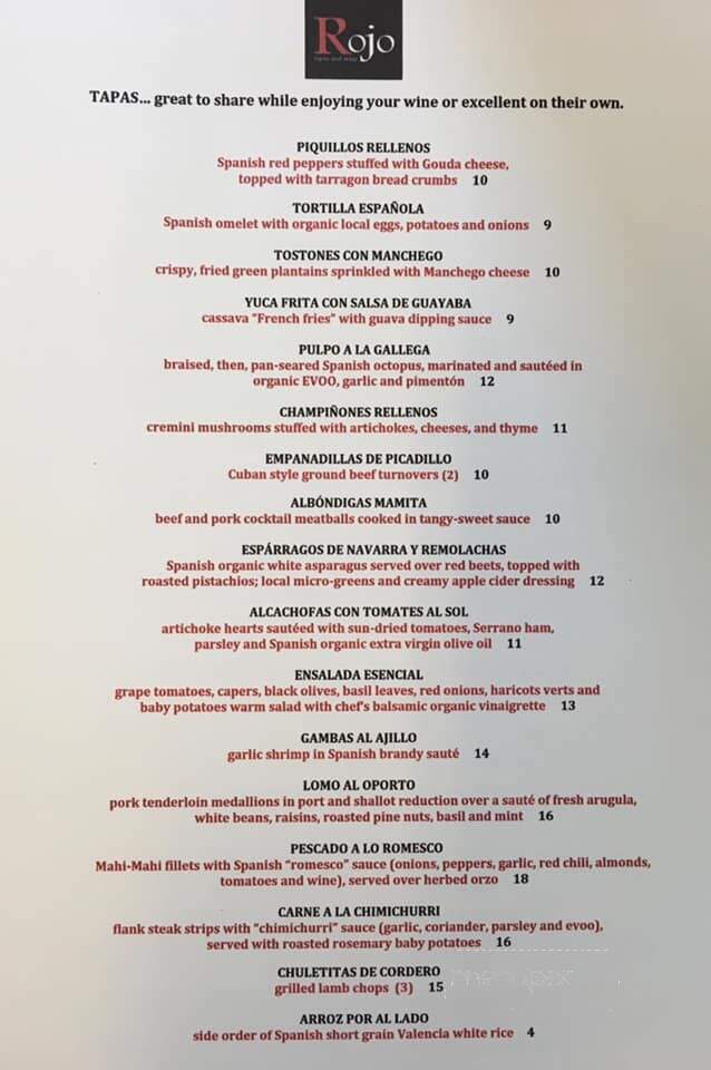 Rojo Tapas and Wine - Tivoli, NY menu_pic
