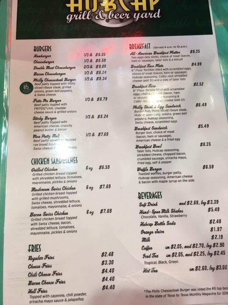 Hubcap Grill & Beer Yard - Houston, TX menu_pic