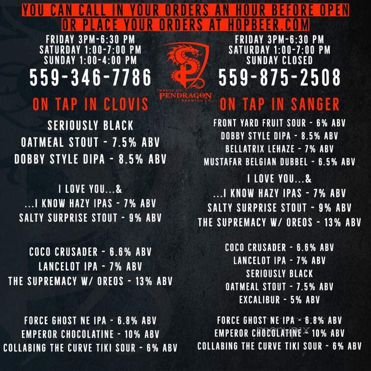 House of Pendragon Brewery - Sanger, CA menu_pic