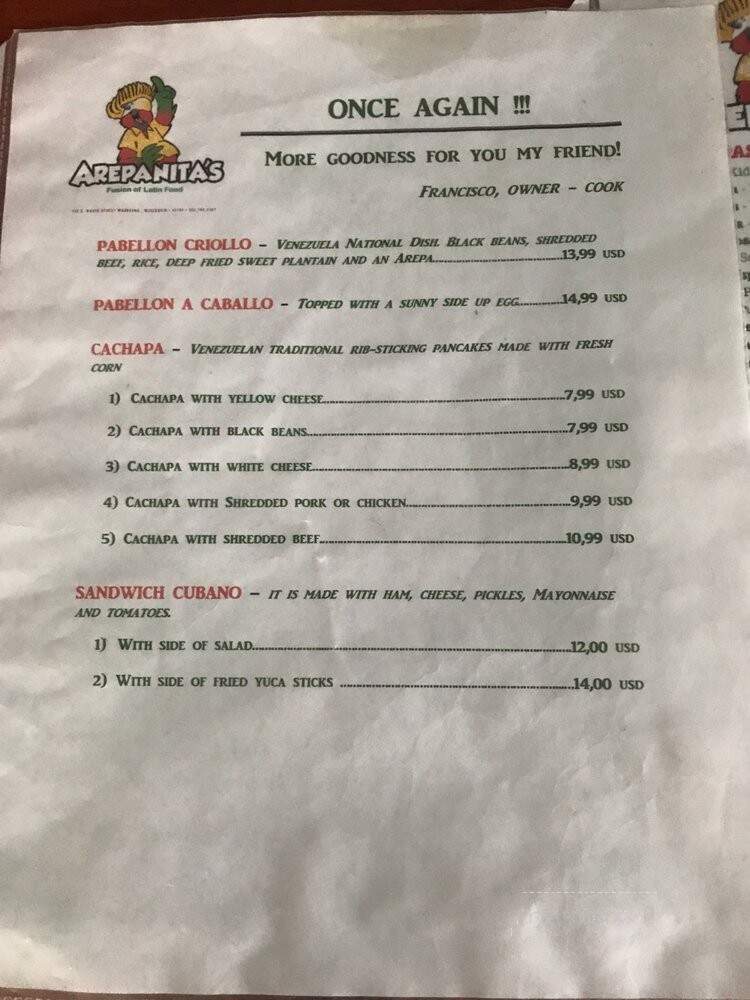 Arepanita's Cafe - Waukesha, WI menu_pic