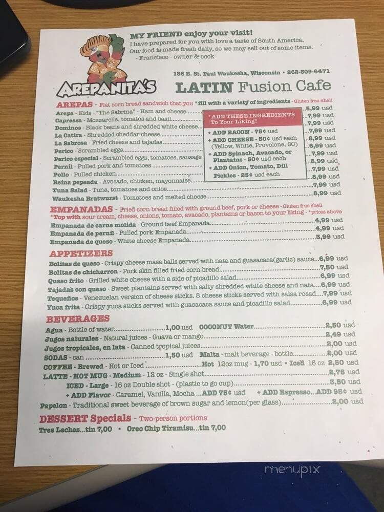 Arepanita's Cafe - Waukesha, WI menu_pic