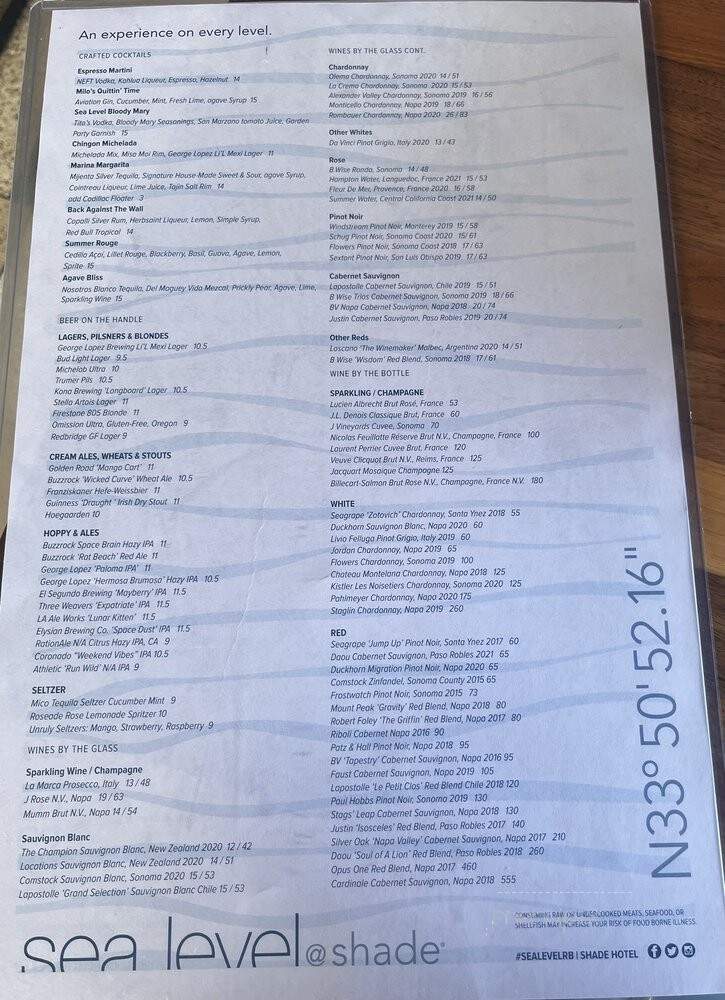 Sea Level Restaurant & Lounge - Redondo Beach, CA menu_pic