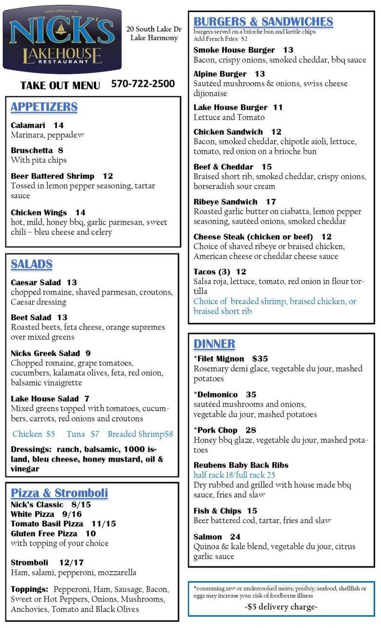 Nick's Lake House - Lake Harmony, PA menu_pic