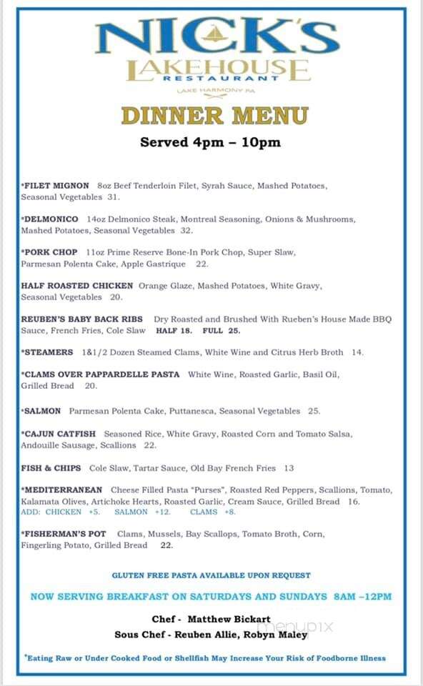 Nick's Lake House - Lake Harmony, PA menu_pic