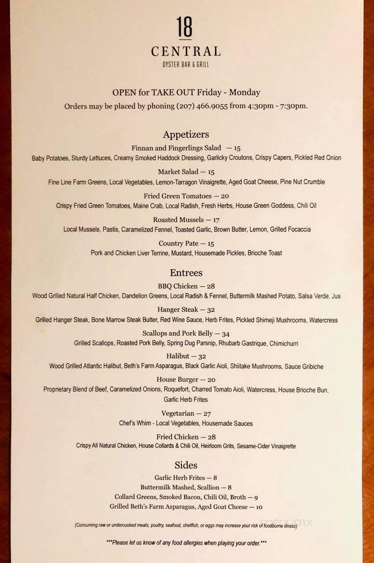 18 Central Oyster Bar & Grill - Rockport, ME menu_pic