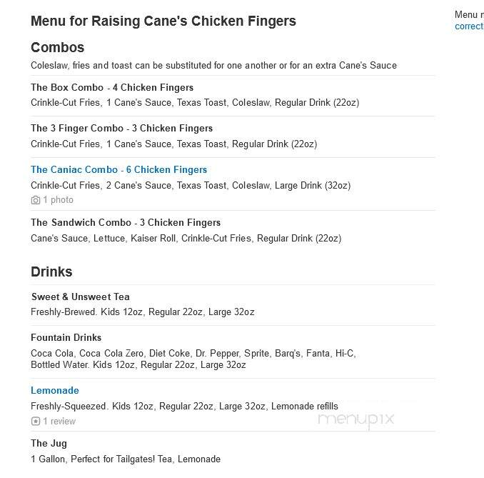 Raising Cane's Chicken Fingers - St. Charles, MO menu_pic