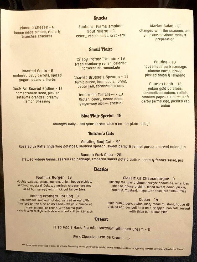 Foothills Butcher Bar: Black Mountain - Black Mountain, NC menu_pic