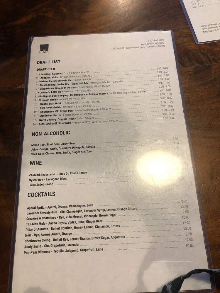 Bad Lab Beer Co - Somersworth, NH menu_pic